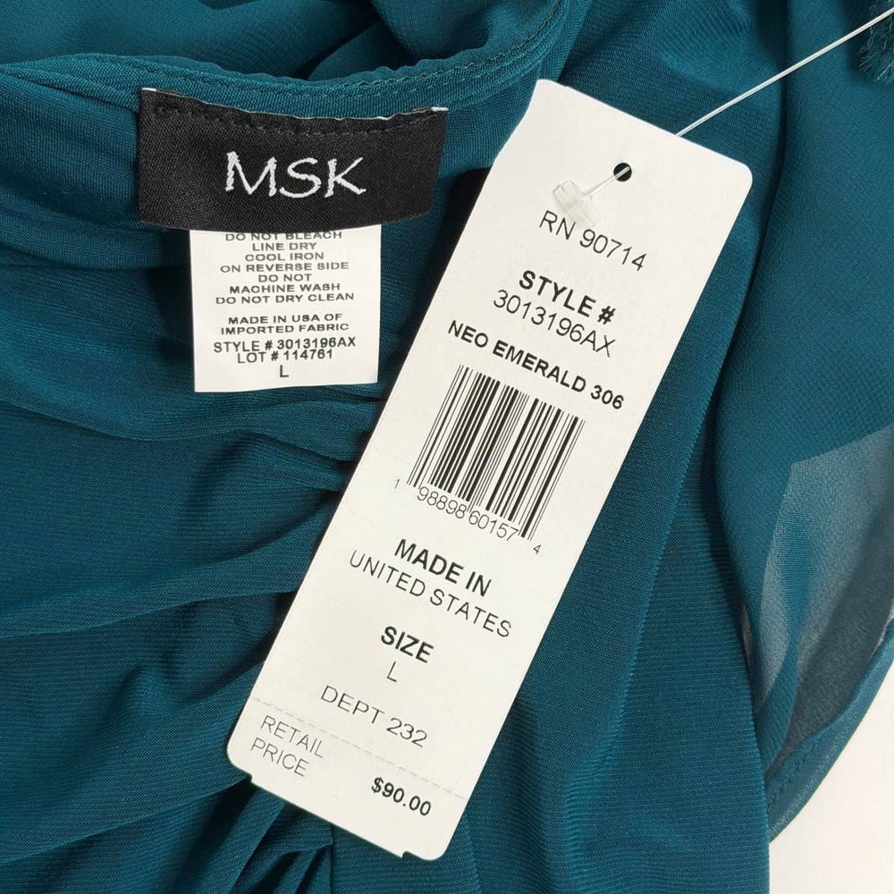 NWD MSK Neo Emerald Faux Wrap Cape Dress Embellished Pearl Sleeves Size Large - Picture 7 of 10